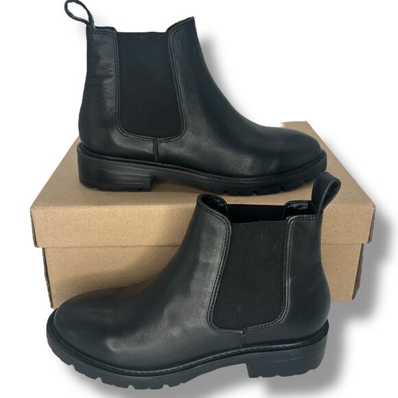 NEW Steve Madden Black Leather Booties Size 5 Chunky Lug Ankle Boot NWT - Picture 1 of 10